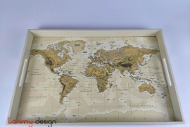Cream rectangular lacquer tray with world map 28*45cm